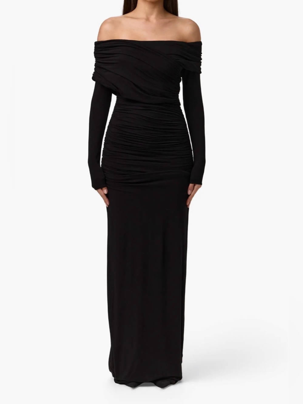 Naked Wardrobe Smooth Off-Shoulder Long Sleeve Ruched Maxi Dress